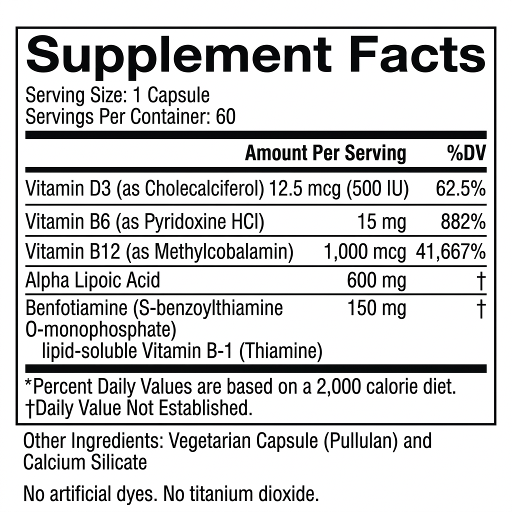 NeuraVite Supplement Facts: current one-capsule formula, vegetarian pullulan capsule and calcium silicate.