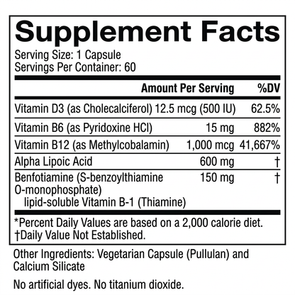 NeuraVite Supplement Facts: current one-capsule formula, vegetarian pullulan capsule and calcium silicate.